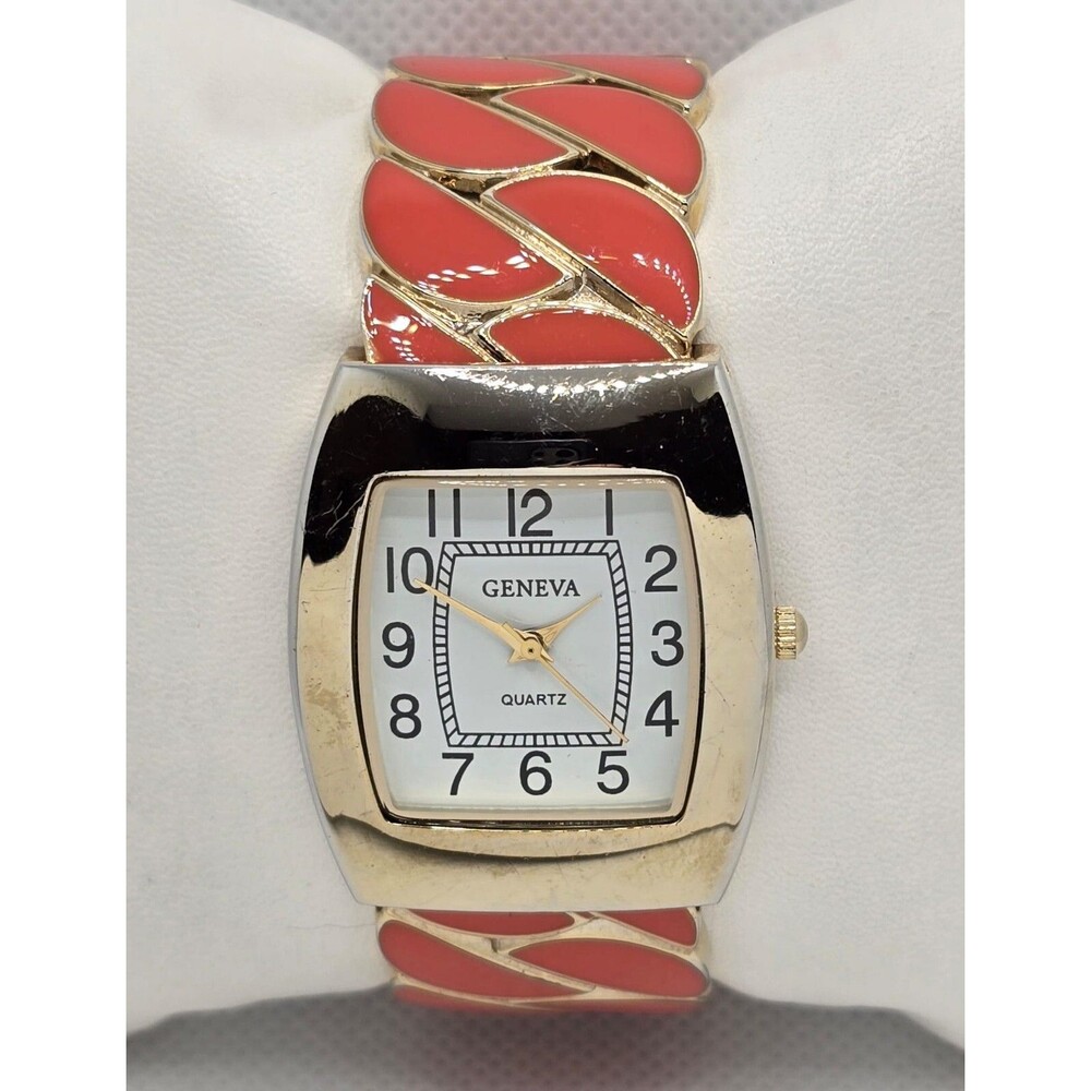 Women's Geneva Orange & Gold Tone Case Vintage Retro Style Cuff Watch 04